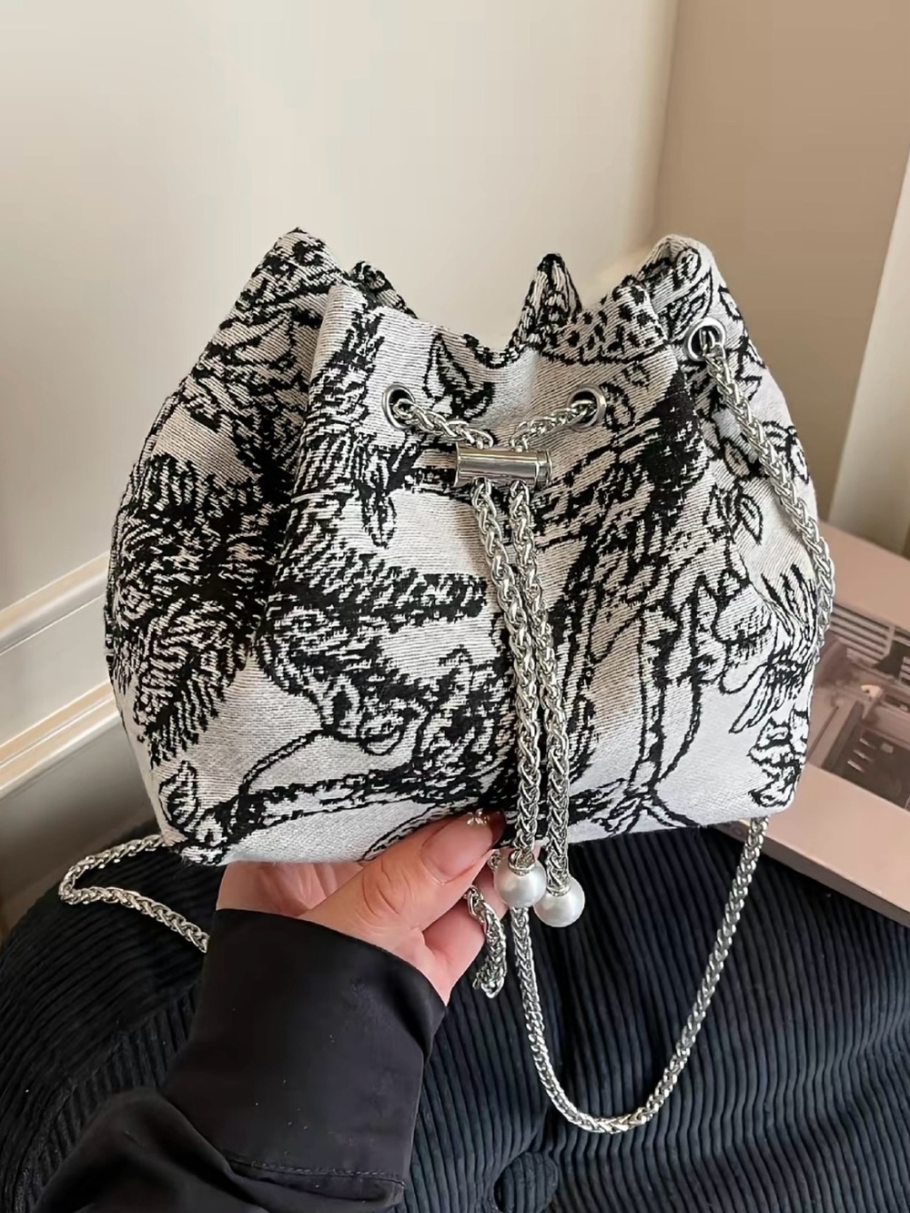 Black & White Drawstring Mini Bucket Bag with Chain Strap